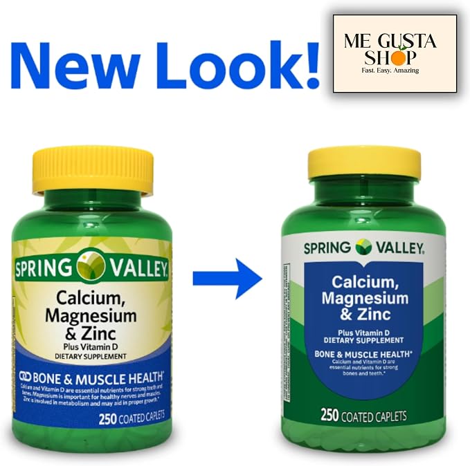 Spring Valley Calcium, Magnesium & Zinc Plus Vitamin D3 Coated Caplets, 250 Count (Pack of 2) 500count Total + me Gusta Sticker