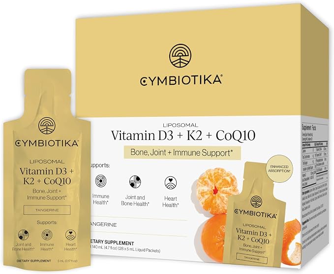 CYMBIOTIKA Liposomal Vitamin D3 + K2 + CoQ10 Liquid Supplement, Enhanced Absorption, Joint + Bone Health, Immune Support, Heart Health, Gluten Free, Soy Free, Plant-Based, 28 5 mL Packets