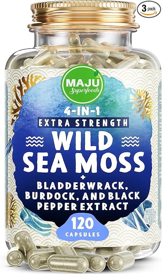MAJU Wild Irish Sea Moss Capsules (120ct), Stronger Than Gel, 4-in-1 w/Bladderwrack + Burdock Root, Organic, Sebi Inspired, Raw, Seamoss Pills Powder, Wild (3-Pack)