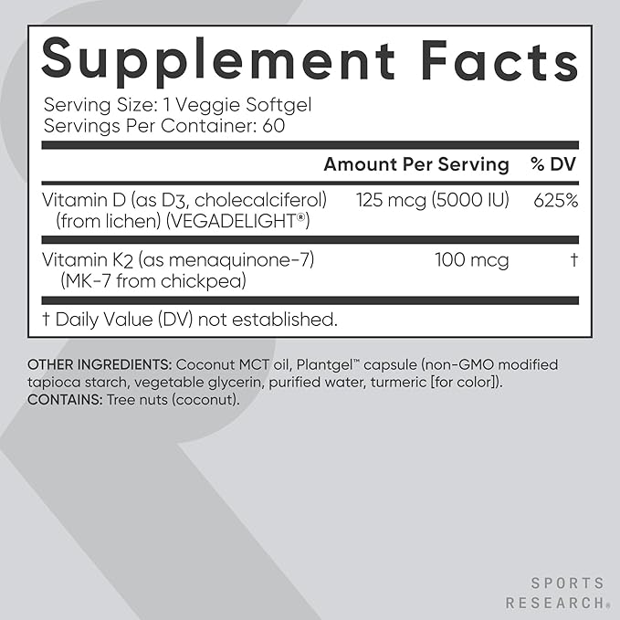 Sports Research® Vitamin D3 + K2 w/ Coconut Oil - Vegan Vitamin D 5000iu & Mk7 Vitamin K 100mcg for Bone & Immune Support - Vegan Certified · Non-GMO · Soy Free - 60 Softgels