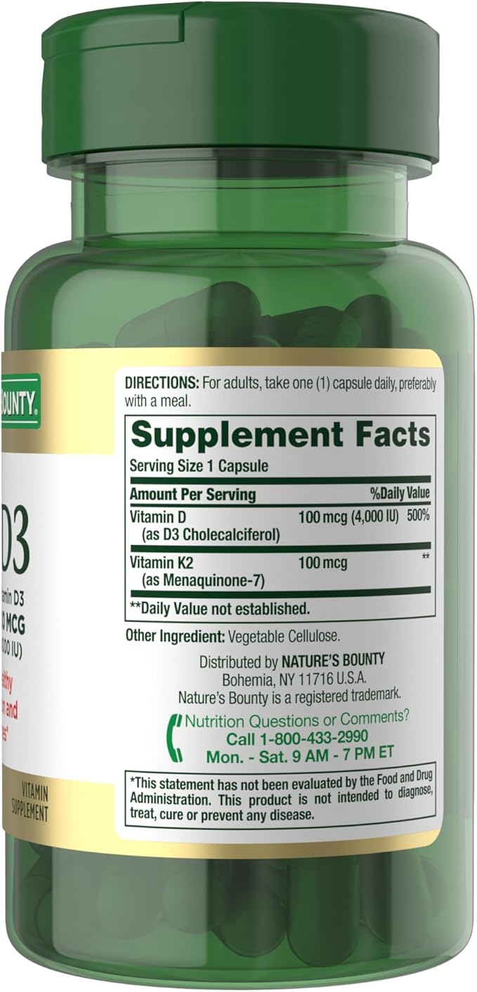 Nature's Bounty Supplement, 4000 IU Vitamin D3 Plus 100 mcg of Vitamin K Supplements for Adults for Heart & Bone Health Support, 60 Day Supply, 60 Vegetarian Capsules (Pack of 2)