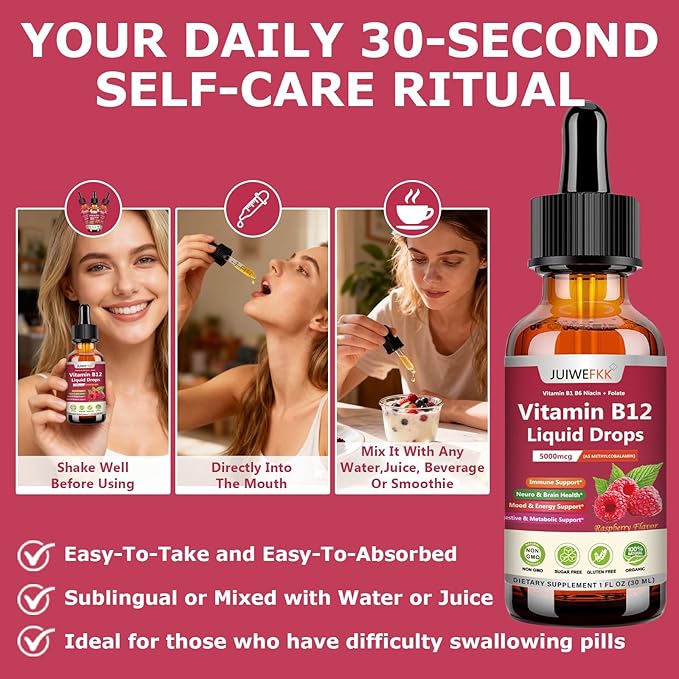 Liquid Vitamin B12 Drops 5000 mcg - Extra Strength B12 Methylcobalamin with B1 B6 B3 Folate Niacin - Fast Absorption Sublingual B-12 Drops for Energy Metabolism & Brain Function, Vegan B Complex