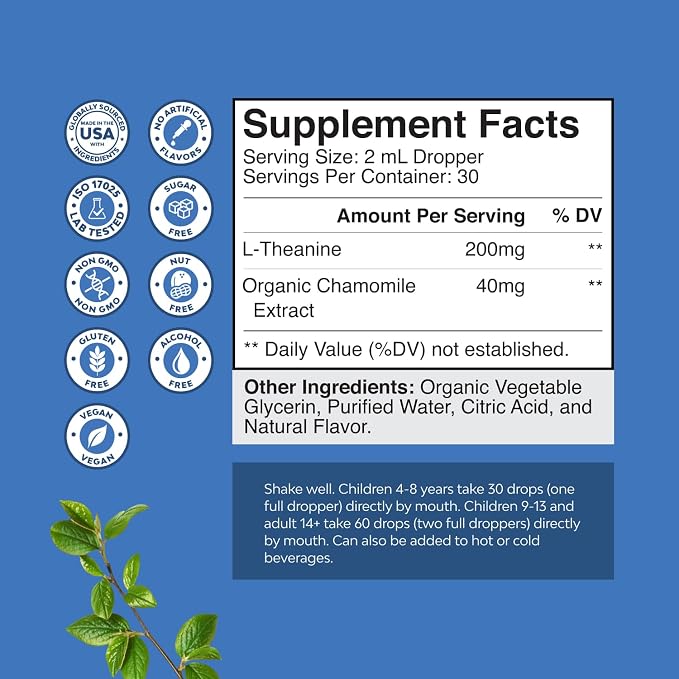 High Absorption L-Theanine Liquid Drops - Nootropic Focus Supplement with L Theanine 200mg Per Serving and Chamomile Extract Supplement for Adults and Kids Relaxation and Focus - 2 Fl Oz
