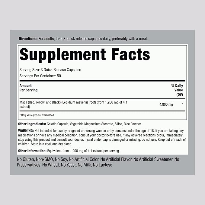 Piping Rock Maca Root Capsules | 150 Powder Pills | for Women and Men | Red, Yellow, and Black | Non-GMO, Gluten Free Supplement
