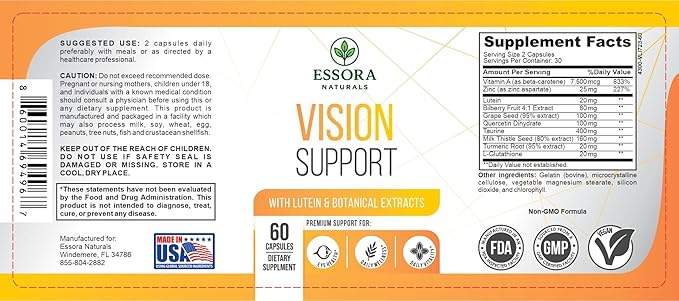 Essora Naturals. Vision Support – Lutein 20mg + Bilberry Extract + Vitamin A & Zinc – Antioxidant Eye Health Support* – Non-GMO – 60 Capsules