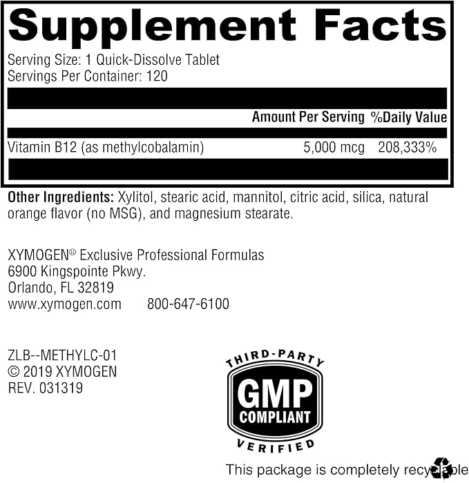 XYMOGEN Methylcobalamin - 5 mg Vitamin B12 - Supports Healthy Methylation, Neurological Health & Red Blood Cell Formation - Non-GMO & Gluten Free - 120 Quick-Disssolve Tablets