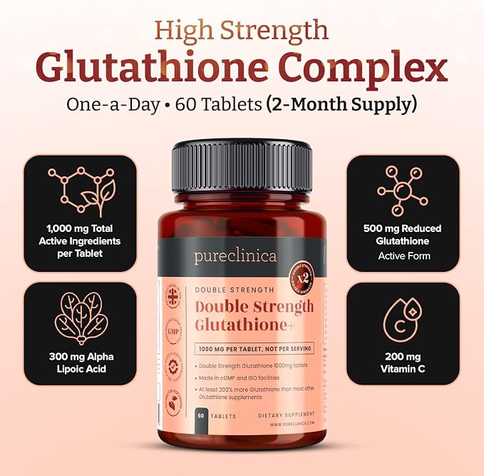 pureclinica Glutathione 1000mg x 60 Tablets. with 500mg Glutathione, 300mg ALA, and 200mg Vitamin C per Tablet.