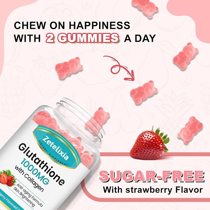 2 Pack Glutathione Collagen Gummies, Collagen Gummies with Vitamin C, Glutathione Supplement for Women, Hair Skin Nails Muscle & Joint, Anti-Aging, Vegan, Sugar Free, Strawberry Flavor, 120 Count