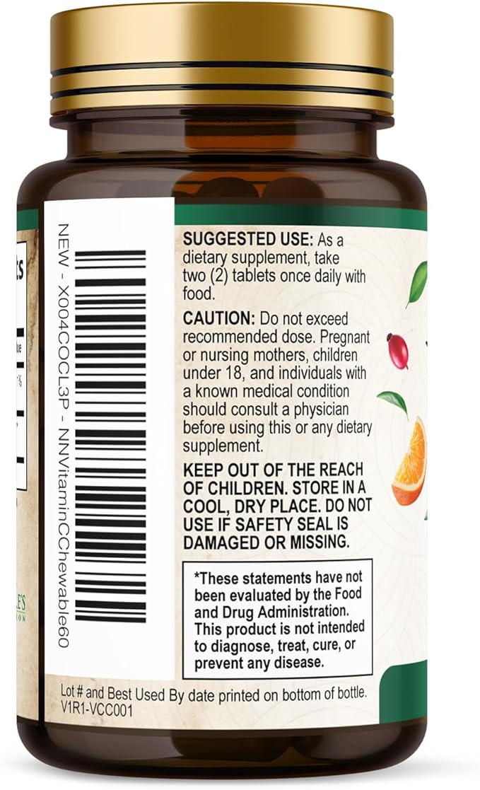 Vitamin C 1000mg Per Serving Chewable - Extra Strength Antioxidants for Powerful Immune Support w/Vitamin C & Rose HIPS, Potent Dietary VIT C Chews Supplement, Natural Orange Flavor, 60 Tablets