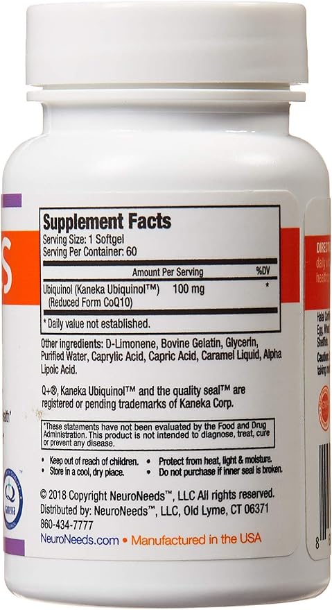QNeeds® coqh-cf Ubiquinol 100 mg COQ10 Clinically Proven Enhanced Delivery for Maximum Absorption, Enhanced Mitochondrial Support, Antioxidant for Heart Health, 60 Count Softgels