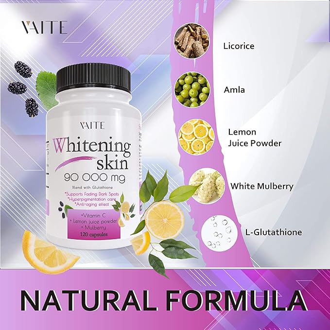 VAITE Glutathione Whitening Pills - Dark Spots & Acne Scar Remover - 90000mg - Vegan Skin Bleaching Pills with Anti-Aging & Antioxidant Effect - 120 Capsules (2 Pack)