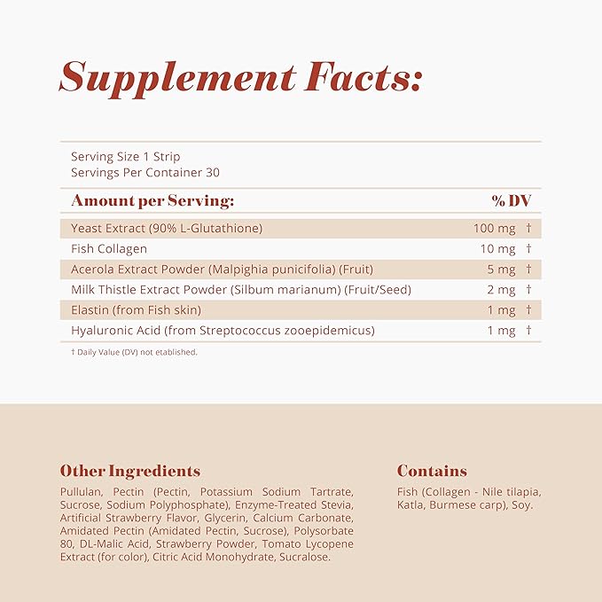 Glutathione Strip 30 Strips x 0.012 oz(344mg) with Collagen, Acerola, Milk Thistle, Hyaluronic Acid, Glutathione Supplement | Fast-Absorption, Skin & Liver Support, Antioxidants