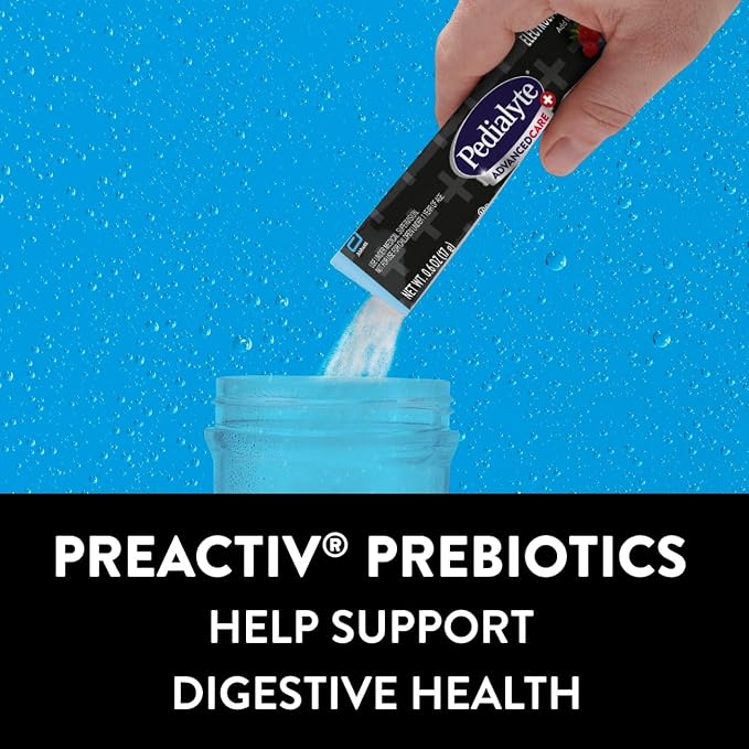Pedialyte AdvancedCare Plus Electrolyte Powder, Has 33% More Electrolytes and PreActiv Prebiotics, Variety Pack: Berry Frost and Strawberry Freeze, 24 Powder Packets
