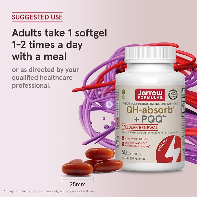Jarrow Formulas® QH-Absorb® + PQQ, Dietary Supplement, Antioxidant Support for Mitochondrial Biogenesis, Cellular Energy Production and Cardiovascular Health, 60 Softgels, 60 Day Supply