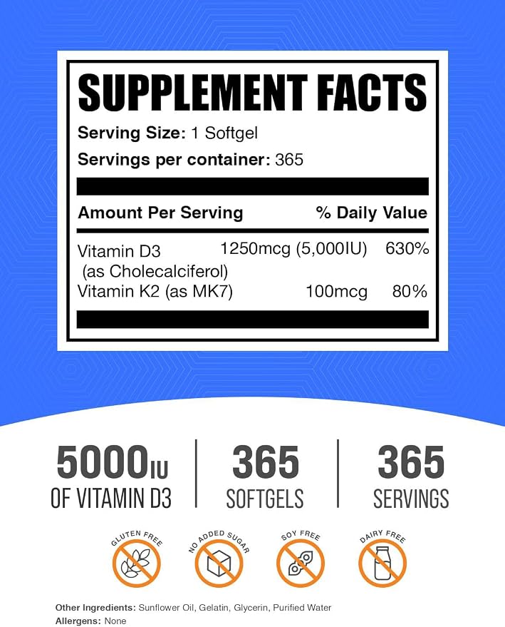 BulkSupplements.com Vitamin D3 + K2 5000 IU Softgels - D3 K2 Supplement, for Immune Health - Gluten Free, 1 Softgel per Serving, 365 Count (Pack of 1)