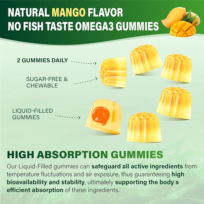 Omega-3 Supplement Gummies for Women & Men - 1000mg Vegan Omega3 DHA & EPA with Turmeric, Vitamin D3, K2, Citicoline for Overall Health - Algae Oil Omega 3 Fatty Acid Supplements, Sugar-Free