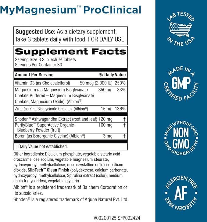 MyMagnesium ProClinical - Magnesium Bisglycinate Chelate Buffered + Zinc + Ashwagandha + More - Allergen Free - Made Without GMO - Purity Products - 90 Clean Finish SlipTech Tablets