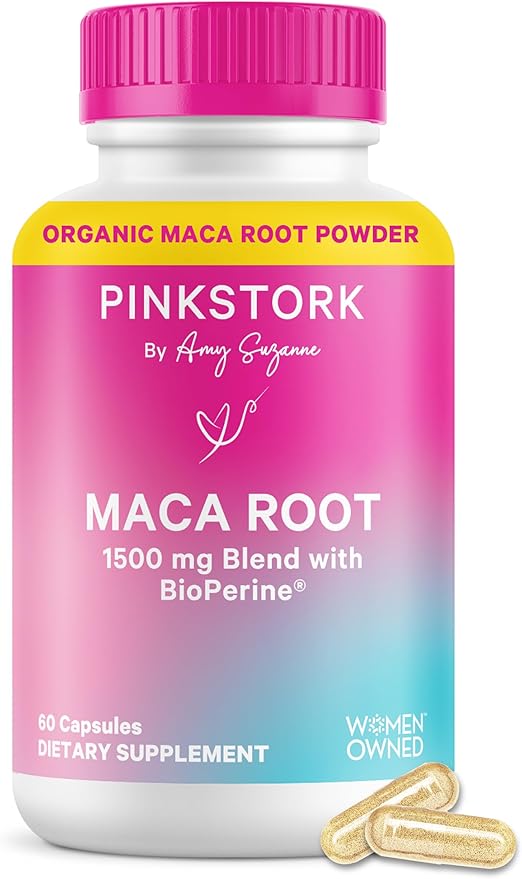 Pink Stork Maca Root Capsules for Women – Organic Maca with BioPerine® for Hormonal Balance, Energy + Wellness – Supports Perimenopause, Menstrual Health, and Vitality