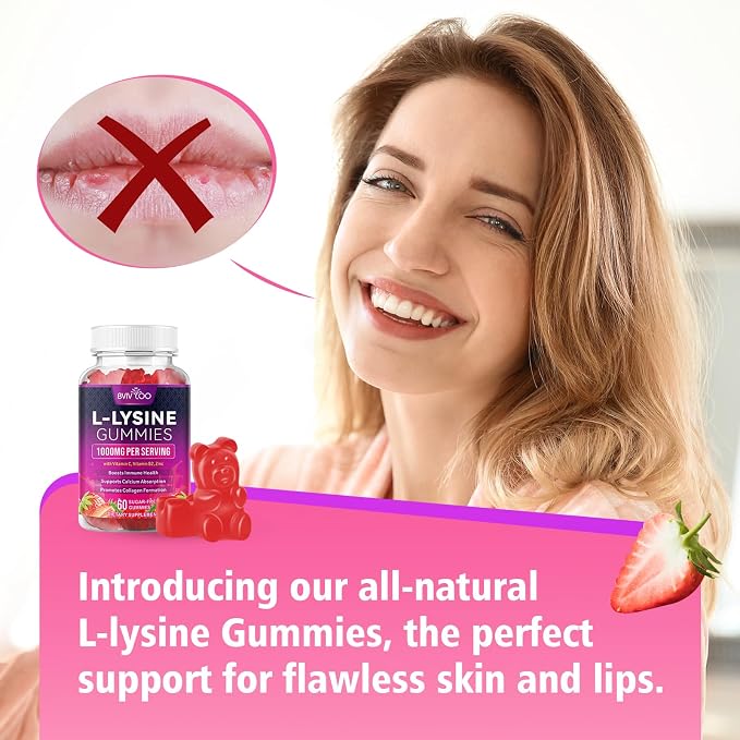L-Lysine 1000mg Gummies for Immune Support & Skin Health - High Potency Vegan Gummies, Sugar-Free, Natural Berry Flavor, Gluten-Free Chewable Supplement for Adults & Kids - 60 Gummiess