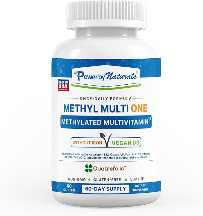 Power By Naturals Methyl Multi One – Iron-Free Methylated Multivitamin with 5-MTHF, Methyl B12 & CoQ10 – Methylation Support for Men & Women – Vegan, Non-GMO – 60 Capsules (2-Month Supply)