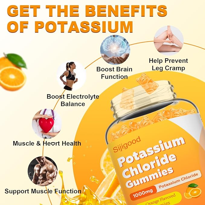 Sugar Free Potassium Gummies, Potassium Chloride for Adults, Potassium Supplement for Women & Men, Electrolyte Balance, Prevent Leg Cramp, Support Muscle & He♡rt Health, Orange Flavor, 60 Count