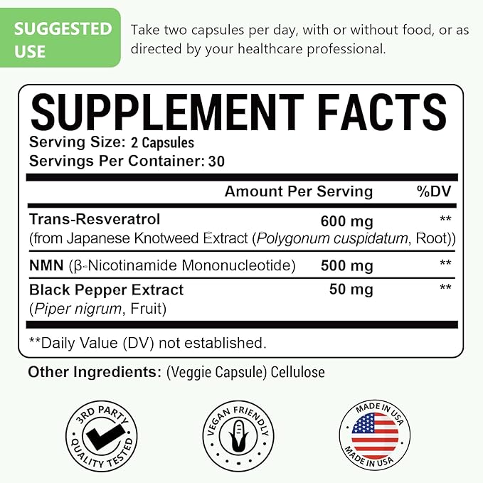 99% Ultra Purity NMN 500mg + Trans-Resveratrol 600mg, 1150mg NMN Resveratrol Supplement, 3-in-1 Advanced Formula for Boost* NAD, Cell, Immune, Energy & Muscle, Healthy Aging, Stabilized Form - 60 Caps