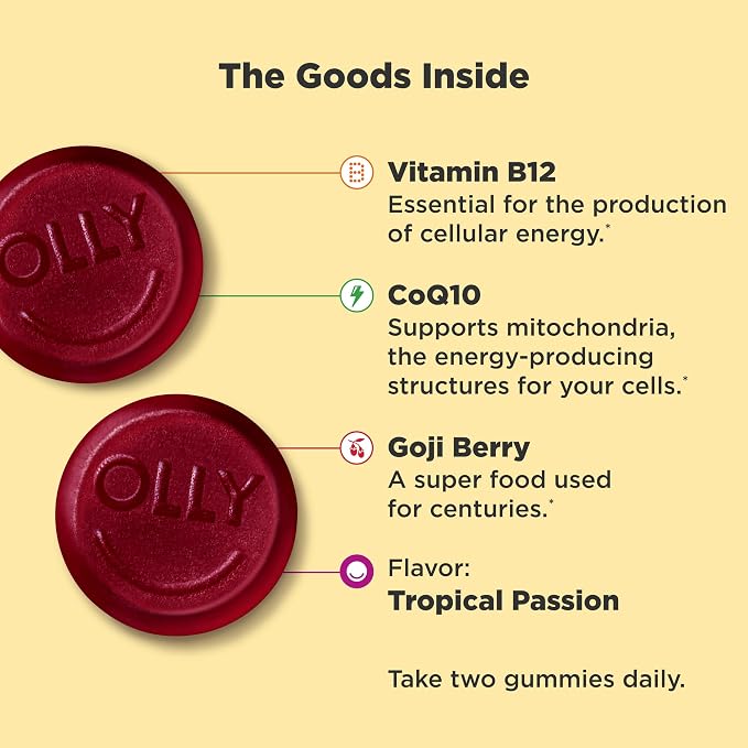 OLLY Daily Energy Gummy, Caffeine Free Cellular Energy Production,* Vitamin B12, CoQ10, Goji Berry, Adult Chewable Supplement, Tropical Passion Flavored, 60 Day Supply - 120 Count