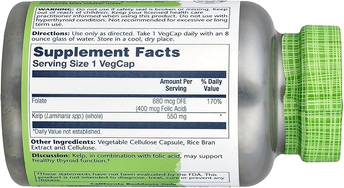 SOLARAY Kelp 550 mg with Folic Acid for Healthy Thyroid Function, Energy & Metabolism Support | Non-GMO | 180 VegCaps