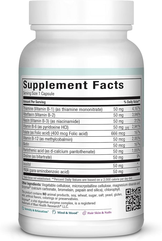 Maxi Health Vitamin B Complex – High Potency B Complex Vitamins B-50 with B1, B2, B3, B6, B12, Biotin & Folate – Support Cellular Energy & Mental Clarity – Kosher – 100 Capsules