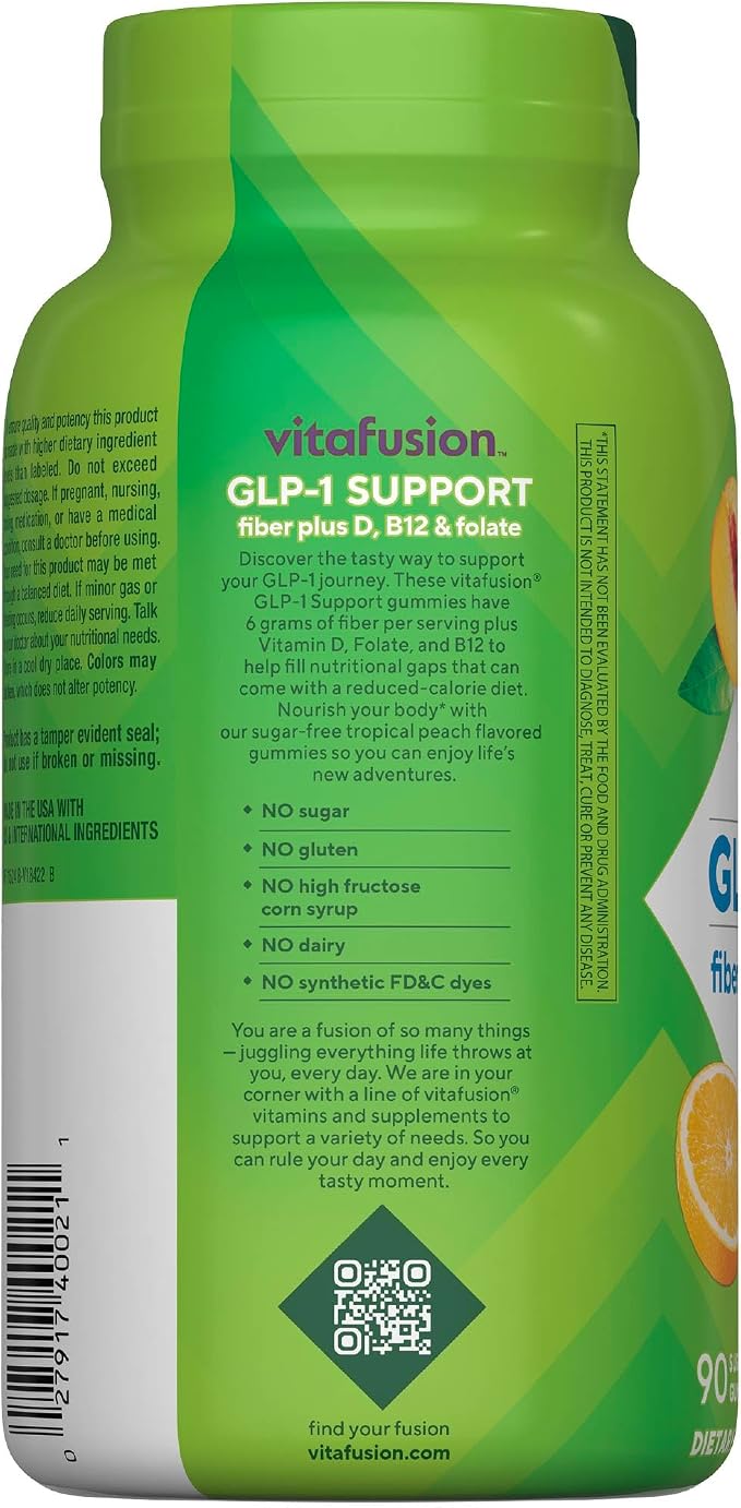 Vitafusion GLP1 Gummy Supplement | 90 Sugar Free Gummies | Vitamin & Mineral Blend with Fiber, D3, B12, and Folate | for Women & Men | Tropical Peach Flavor | Gluten Free Formula