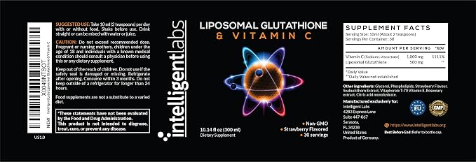 Intelligent Labs Liposomal Glutathione + Vitamin C, Advanced Liquid Antioxidant Formula, 500 mg Reduced L-Glutathione + 1000 mg Vitamin C per Serving, 30 Servings, Soy Free