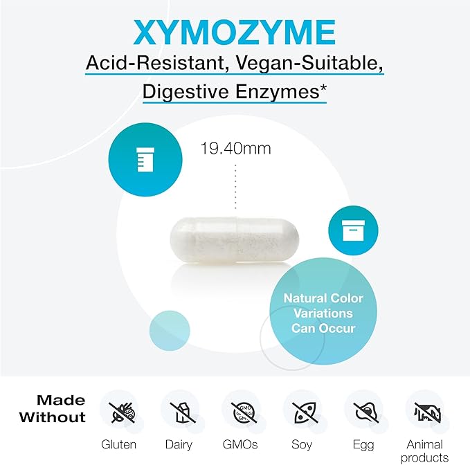 XYMOGEN XymoZyme - Vegan Digestive Enzyme Supplement for Digestive Health Support* - Plant-Based Multi-Enzyme Formula - Gluten-Free & Dairy-Free - 60 Capsules