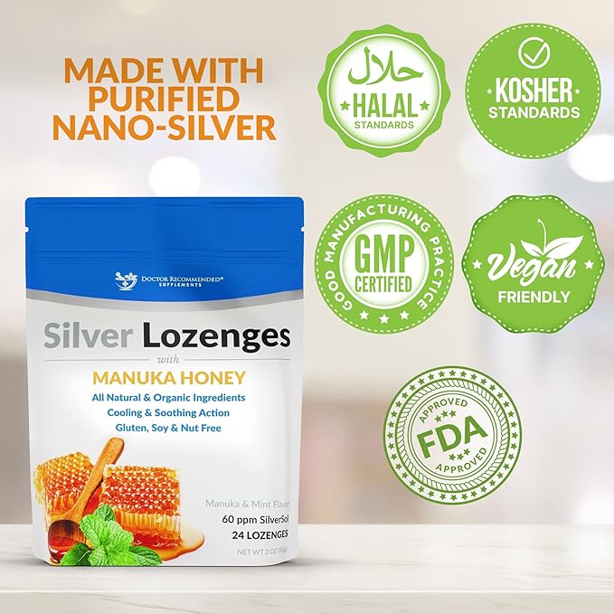 Silver Lozenges with Organic Manuka Honey and Vitamin C - All-Natural Nano Silver 45-50mcg of 60 PPM Colloidal Mineral Drops to Support Immune System, Soothe, Cool Cough & Throat, 96-Lozenges