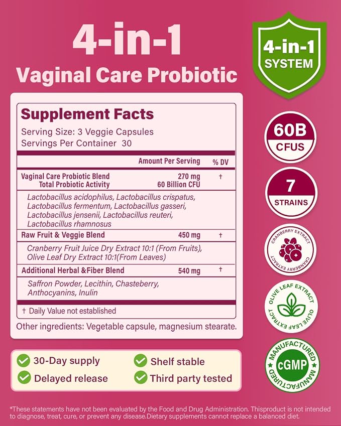Vaginal Probiotics for Women pH Balance with Prebiotics - 60 Billion CFU for Odor, Yeast & Digestion - Cranberry for Urinary Tract & Hormonal Balance - Vegan & Non-GMO | 90 Capsules