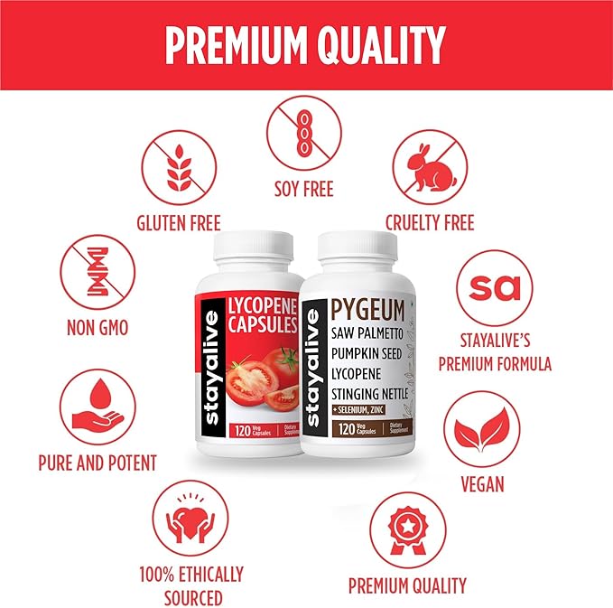 STAYALIVE Lycopene and Pygeum Bundle with Saw Palmetto, Pumpkin Seed and Zinc, 240 Vegan Pills, Non-GMO & Gluten Free Men's Health Supplement