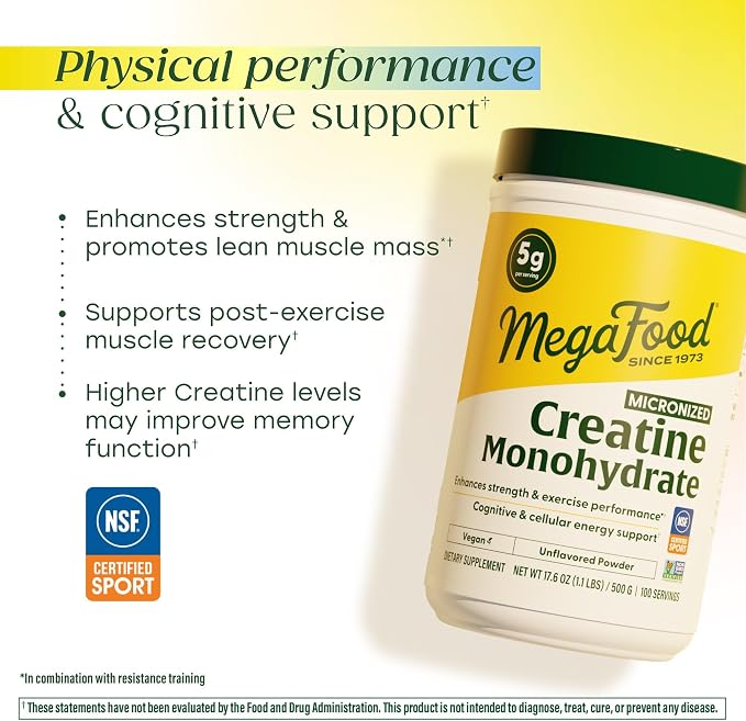MegaFood Micronized Creatine Monohydrate Powder - Unflavored Post & Pre Workout Powder for Men & Women - Cognitive & Exercise Performance Support - NSF Certified for Sport- 500 Grams, 100 Servings
