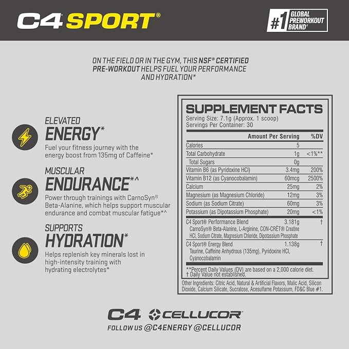 Cellucor C4 Sport Pre Workout Powder Blue Raspberry - Pre Workout Energy with 3g + 135mg Caffeine and Beta-Alanine Performance Blend - NSF Certified for Sport | 30 Servings