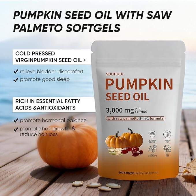 Pumpkin Seed Oil Capsules | 300 Softgels Pumpkin Seed Oil 2 in 1 with Saw Palmetto | Hair Growth＆Shedding Reduction | Plant-Based Formula | 3000mg Cold Pressed