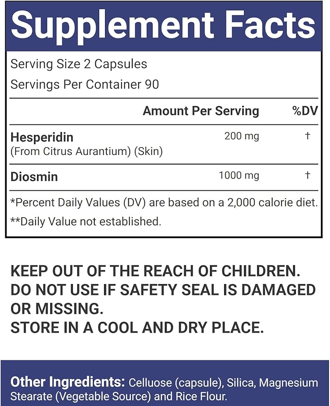 Diosmin Hesperidin 1200 mg Complex, 240 Capsules, Citrus Bioflavonoids Rich Fruit Extract, 100% Vegetarian, Non-GMO & Gluten Free (180 Count (Pack of 1))