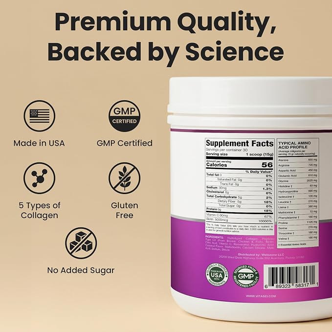 VITASEI Hydrolyzed Collagen Peptides Powder with Resveratrol & Vitamin C – Hair, Skin & Joint Support – Colágeno Hidrolizado for Women & Men – Refreshing Coconut Lemonade Flavor, 16 oz (30 Servings)