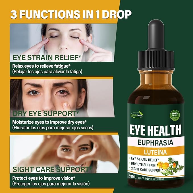 Eyebright Herb Eye Health Drops, Bilberry & Lutein Liquid Extract Herbal Supplement for Eye Strain Relief & Sight Care Support. Euphrasia Officinalis, Arándanos, Luteína para Los Ojos. 2oz