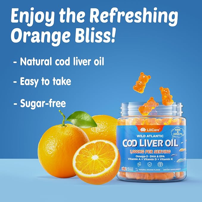 Cod Liver Oil Gummies 1000mg for Kids & Adults - w/Omega 3 (EPA & DHA), Vitamins A, D3 & K2 - Cod Liver Oil Omega 3 Gummies for Immune, Brain & Cognitive Support, Sugar-Free, Orange Flavor, 60Cts