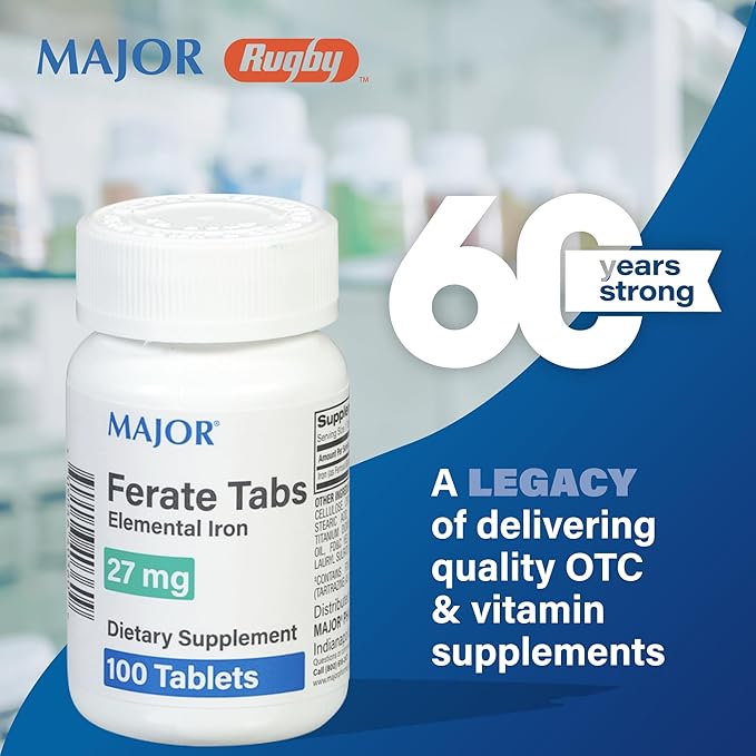 Major 27 mg Ferate Tabs - Ferrous Gluconate Elemental Iron Dietary Supplement - 100 Count (1 Pack)