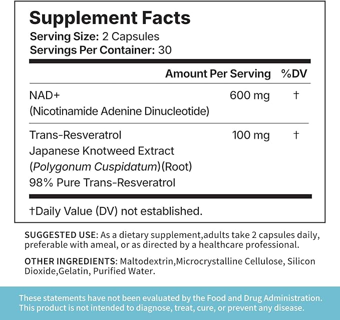 NAD+ Supplement, with Nicotinamide Riboside and Resveratrol, Supports Cell Health, Slows Aging, Helps Focus, and Promotes NAD+ Production - 60 Capsules