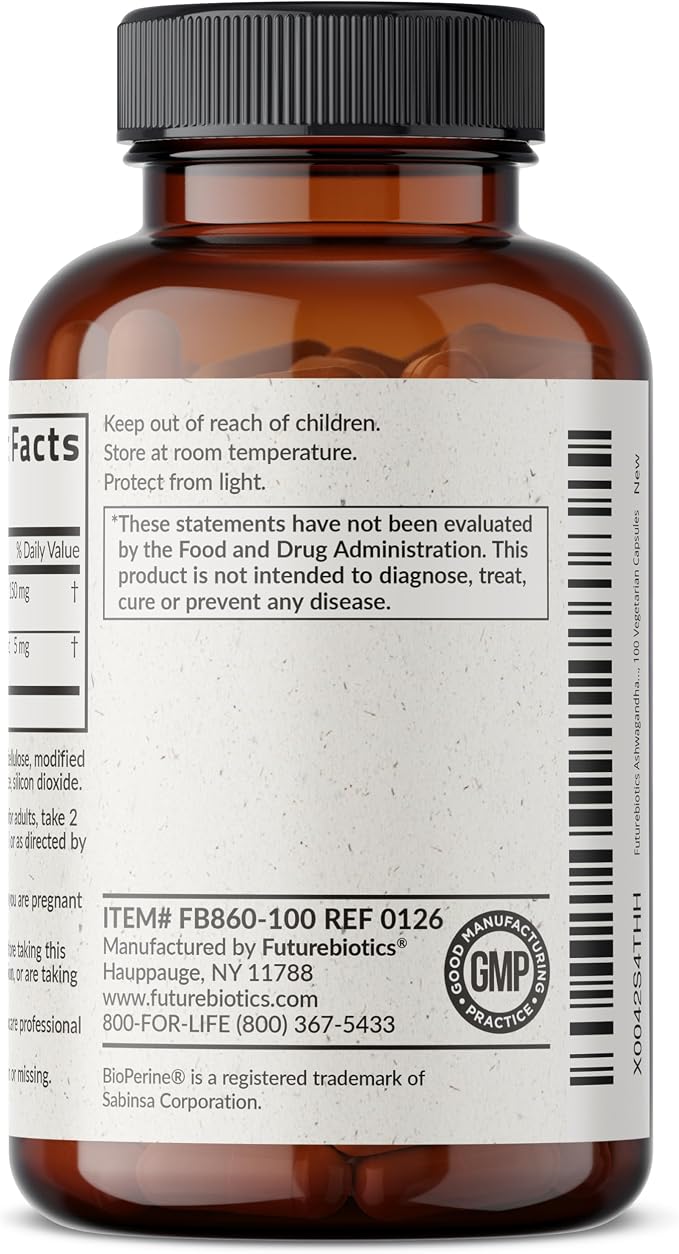 Futurebiotics Ashwagandha Extra Strength Stress & Mood Support with BioPerine - Non GMO Formula, 100 Vegetarian Capsules