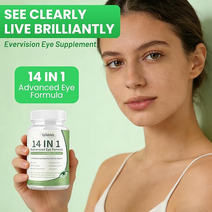 14 in 1 Advanced Eye Formula, Eye Supplement with Lutein, Zeaxanthin, Vision & Focus, Suitable for Adults and Seniors, 60 Capsules