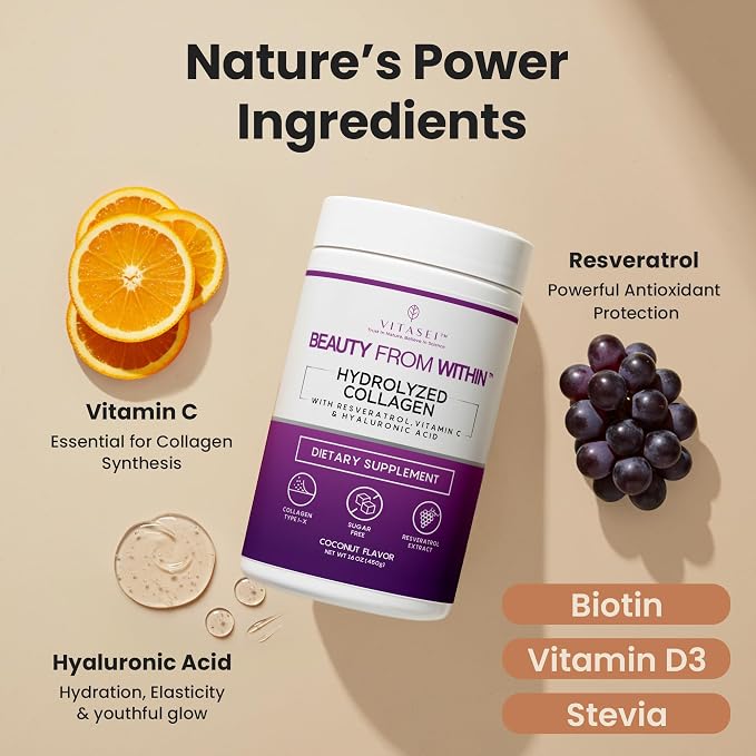 VITASEI Hydrolyzed Collagen Peptides Powder with Resveratrol & Vitamin C – Hair, Skin & Joint Support – Colágeno Hidrolizado for Women & Men – Soy-Based Formula – Coconut Flavor, 16 oz (30 Servings)