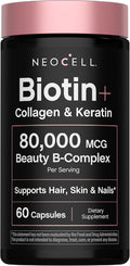 NeoCell Biotin Collagen Keratin Supplement | 80000mcg | 60 Capsules | Beauty B-Complex | Plus Hyaluronic Acid | Hair, Skin, and Nails