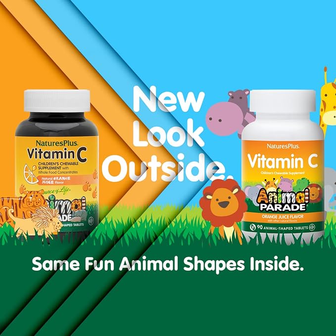 NaturesPlus Animal Parade Vitamin C Children's Chewable - Natural Orange Juice Flavor - 90 Animal-Shaped Tablets - Vegan, Vegetarian, Gluten Free - 45 Servings