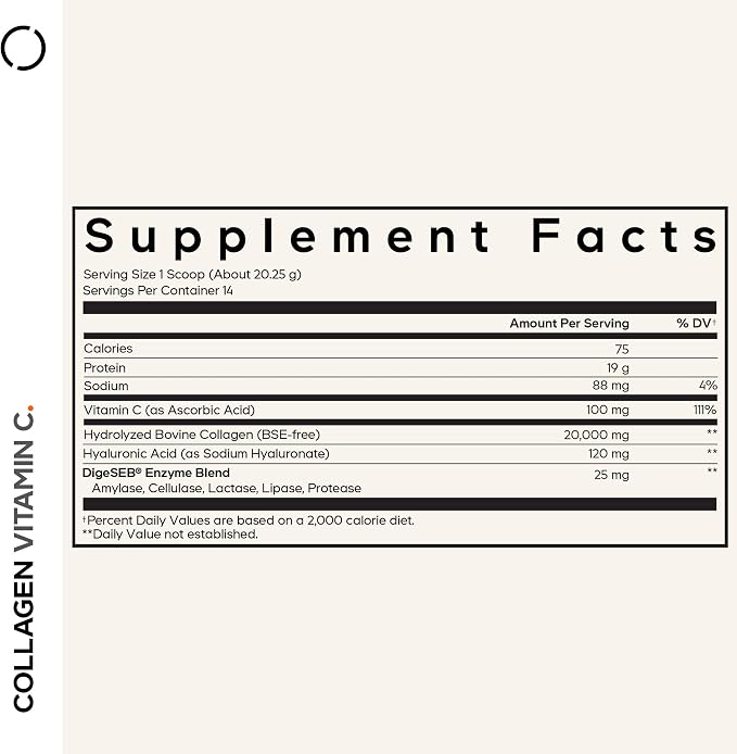 Codeage Collagen Peptides Powder, Vitamin C, Hyaluronic Acid, 10 oz | Hydrolyzed grass-fed collagen 20g, vitamin C, hyaluronic acid, digestive enzymes, 18 amino acids. Unflavored. Non-GMO.